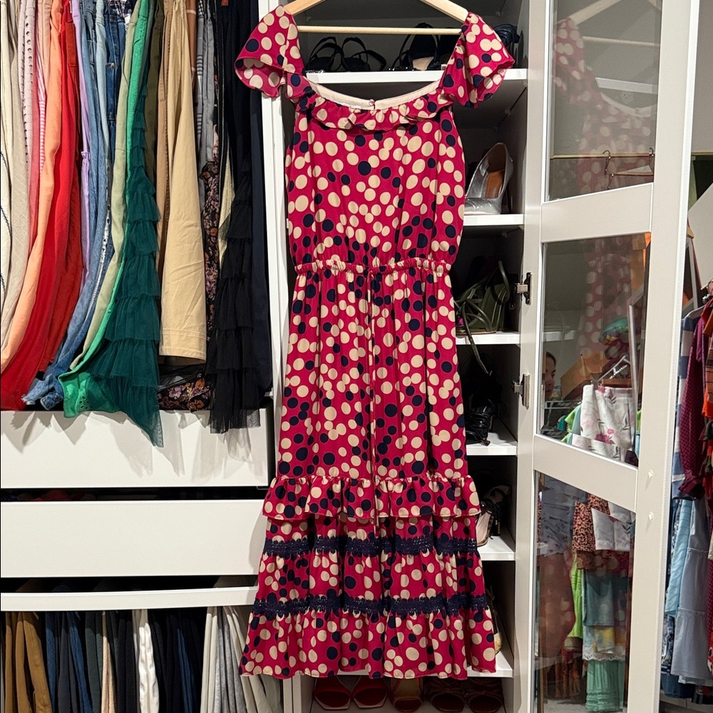 Luzia Fazzolli Pink and White Polka Dot Midi Dress